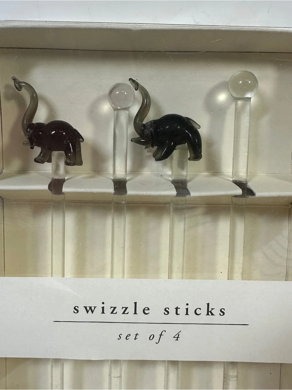Pier 1 Glass Elephant Swizzle Sticks 1 Sets Of 4 Gray Drink Stirrers Barware